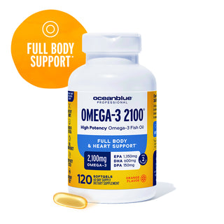 A bottle of Omega-3 2100 softgels for cardiovascular and full body support, with one softgel placed next to it.