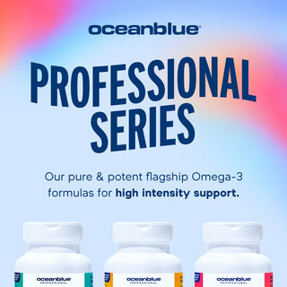 Three Omega-3 2100 Minis bottles under bold PROFESSIONAL SERIES text on a pastel rainbow background.