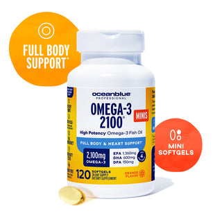 A bottle of Omega-3 2100 Minis softgels with EPA, DHA, and orange graphics for full body support.