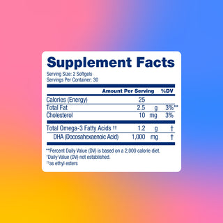 A supplement facts label for Brain Fuel* softgels highlights omega-3 DHA for brain health on a gradient background.