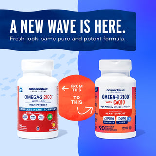 Old and new Omega-3 2100 with CoQ10 bottles: a new wave for heart health is here. From this to this.