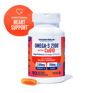 Omega-3 2100 with CoQ10 bottle for heart health, plus an orange softgel displayed.