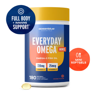 A bottle of Everyday Omega Minis, 180 softgels, for daily wellness with Omega-3 and Vitamin D3.
