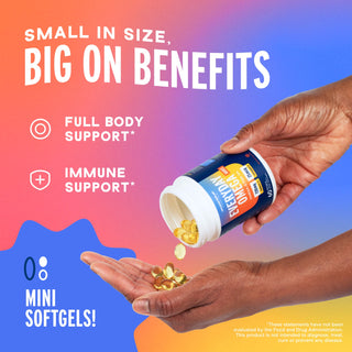 A hand pours yellow Everyday Omega Minis softgels into another, highlighting wellness and health benefits.