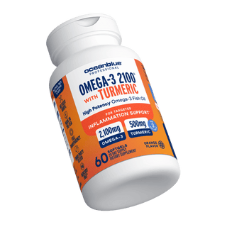 A bottle of Omega-3 2100 with Turmeric softgels by Oceanblue Professional. The label highlights high potency Omega-3 fish oil with 2100 mg Omega-3 and 500 mg turmeric, for inflammation support. Contains 60 softgels with orange flavor.