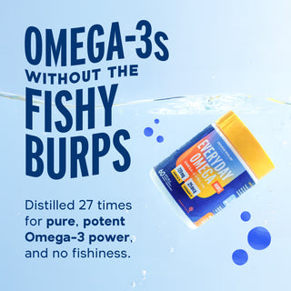 A bottle of Mood Food* floats: “Omega-3s for brain health and mood—no fishy burps.”.