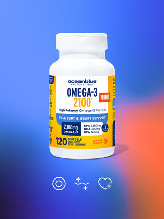 A bottle of Oceanblue Omega-3 2100 Minis on a blue and orange gradient background, highlighting its supplement facts.