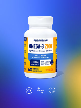A bottle of Oceanblue Professional Omega-3 2100 high-potency supplement. Features heart, brain, eye, and joint support claims, with 1350 mg EPA, 600 mg DHA, and 150 mg DPA per serving. The background is a gradient of blue to green.
