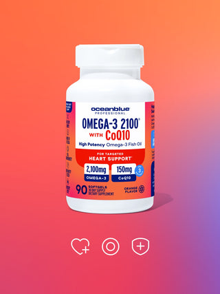 A bottle of Oceanblue Professional Omega-3 2100 with CoQ10 supplements on a gradient orange to purple background. The label highlights Complete Heart Formula and includes a 90 softgels count for a 30-day supply. Icons for heart and health are below.