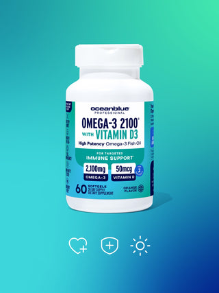 A bottle of Oceanblue Omega-3 2100 with Vitamin D supplement against a blue-green gradient background. The label highlights benefits for heart, brain, eye, joint, and immune support. Icons for health benefits are displayed below the bottle.