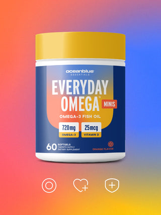 A bottle of Oceanblue Essentials Everyday Omega Minis, featuring omega-3 fish oil. The label highlights 720mg Omega-3 and 25mcg Vitamin D, with 60 softgels in orange flavor. The background is a gradient of blue, orange, and red.