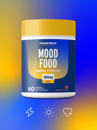 A container of Oceanblue Essentials Mood Food Omega-3 Fish Oil is displayed against a gradient blue and yellow background. The label features 1000mg and EPA with icons of a lightning bolt, sun, and heart at the bottom.