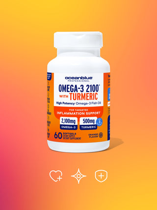 A bottle of Oceanblue Professional Omega-3 2100 with Turmeric supplements on a gradient orange and yellow background. The label highlights joint and muscle support, containing 2100mg of Omega-3, 1350mg EPA, and 600mg DHA.