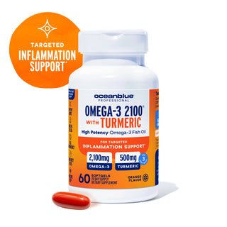 A bottle of Omega-3 2100 with Turmeric is shown next to a single orange softgel.