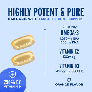 Two yellow Omega-3 2100 with Vitamin K2 & D3 capsules, orange flavor, supplement facts displayed.