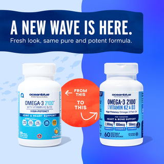 Two Omega-3 2100 with Vitamin K2 & D3 bottles show a new look, with text: A new wave is here.