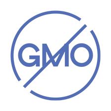 Non-GMO blue logo featuring the letters GMO with a diagonal line crossing through them, indicating the absence of genetically modified organisms.