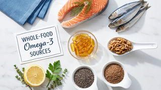 Overhead flat lay of amber omega-3 softgels with fresh fish, walnuts, chia, and lemon