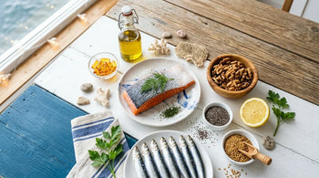 Flat lay of salmon, sardines, nuts, seeds, olive oil, and amber softgels on a white and ocean-blue surface