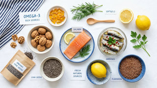 Flat lay of omega-3 foods and amber softgels on a bright white surface