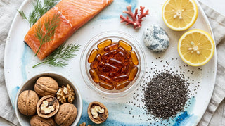 Flat lay of amber omega-3 softgels in a glass dish surrounded by salmon, walnuts, chia, and lemon