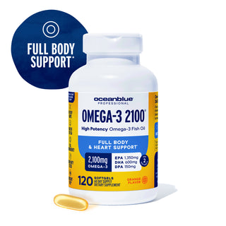 A bottle of Omega-3 2100 MG, single softgel, offers "FULL BODY SUPPORT" for daily wellness.