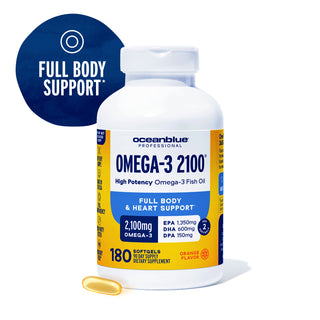 A white bottle of Omega-3 2100 MG softgels with a blue Full Body Support label for wellness.