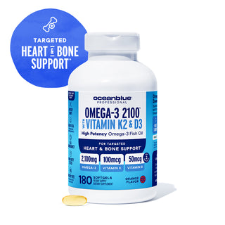 A yellow softgel of Omega-3 2100 with Vitamin K2 & D3, supports heart and bone health.