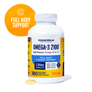 A white bottle of Omega-3 2100 MG fish oil softgels with "Full Body Support" text and a yellow softgel in front.