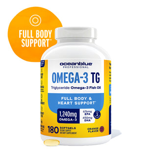 A bottle of Omega-3 TG 1240 softgels with an orange circle reading Full Body Support.