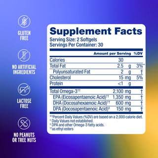 Supplement facts label for Omega-3 2100 MG: gluten, lactose, peanut/tree nut free; no artificial ingredients.