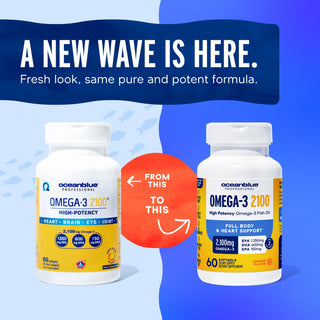 Two Omega-3 2100 bottles with EPA DHA labels on blue, highlighting cardiovascular health benefits.