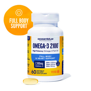 A bottle of Omega-3 2100 MG with a single softgel and a Full Body Support wellness badge on the left.