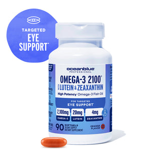 A bottle of Omega-3 2100 with Lutein & Zeaxanthin, featuring one orange softgel for advanced eye support.