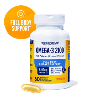 A bottle of Omega-3 2100 MG fish oil with a softgel and an orange circle stating Full Body Support.