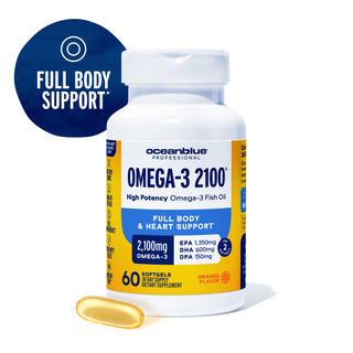 A bottle of Omega-3 2100 with yellow softgels and cardiovascular health support text beside it.