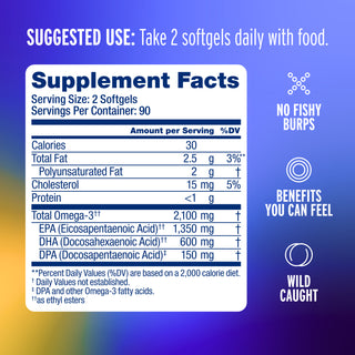 Omega-3 2100 supplement facts—supports brain & heart health. Includes icons and usage tips on label.