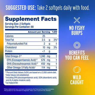 Omega-3 TG 1240 supplement facts, health claims, and usage instructions on a blue and yellow gradient background.
