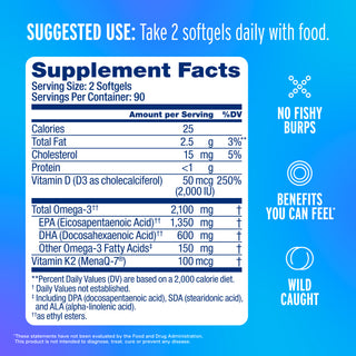 Omega-3 2100 with Vitamin K2 & D3: wild-caught fish oil softgels, no fishy burps, feel the benefits.