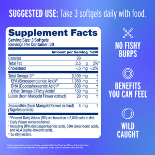 Omega-3 2100 with Lutein & Zeaxanthin: No fishy burps, wild caught, and omega-3 benefits you can feel.
