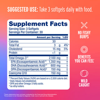 Omega-3 2100 with CoQ10 supplement facts label, heart health icons on pink-orange gradient background.