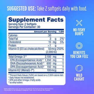 Omega-3 2100 MG with Vitamin K2 & D3: Supplement Facts, daily usage, icon features, blue-purple gradient background.