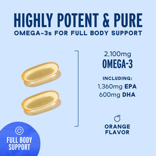 Two golden Omega-3 2100 capsules with EPA & DHA for full body and heart health, in refreshing orange flavor.