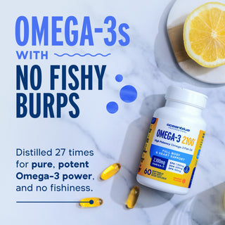 Omega-3 2100 capsules with lemon—pure EPA DHA for heart health, no fishy burps, just two pills daily.