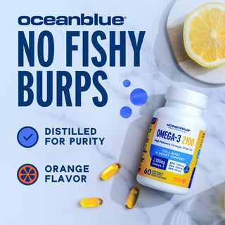 A bottle of Omega-3 2100 MG, orange capsules, lemon slice, and bold text highlighting purity and orange flavor.