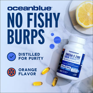 A bottle of Omega-3 2100 with NEM for joint support—lemon-orange flavor, no fishy burps, distilled for purity.