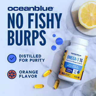 A bottle of Omega-3 TG 1240 pills, a lemon slice, and benefits shown on a marble background.