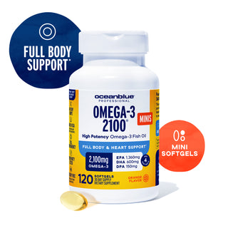 A white bottle of Omega-3 2100 Minis with one yellow softgel and bold text reading full body and heart support.