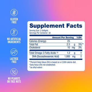 Brain Fuel* offers Omega-3 DHA for brain support and is free from gluten, lactose, nuts, and artificial additives.