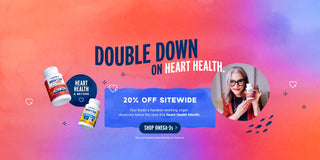 Promotional banner for heart health supplements with a discount offer on a colorful background.